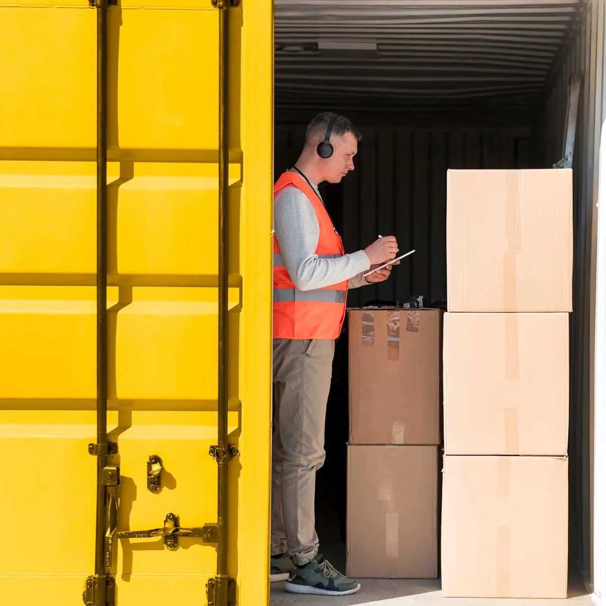 Un container de Unibox abierto, con cajas apiladas adentro